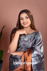 Indupriyaa Copper Nd Grey Designe Handloom Tissue Cotton Saree